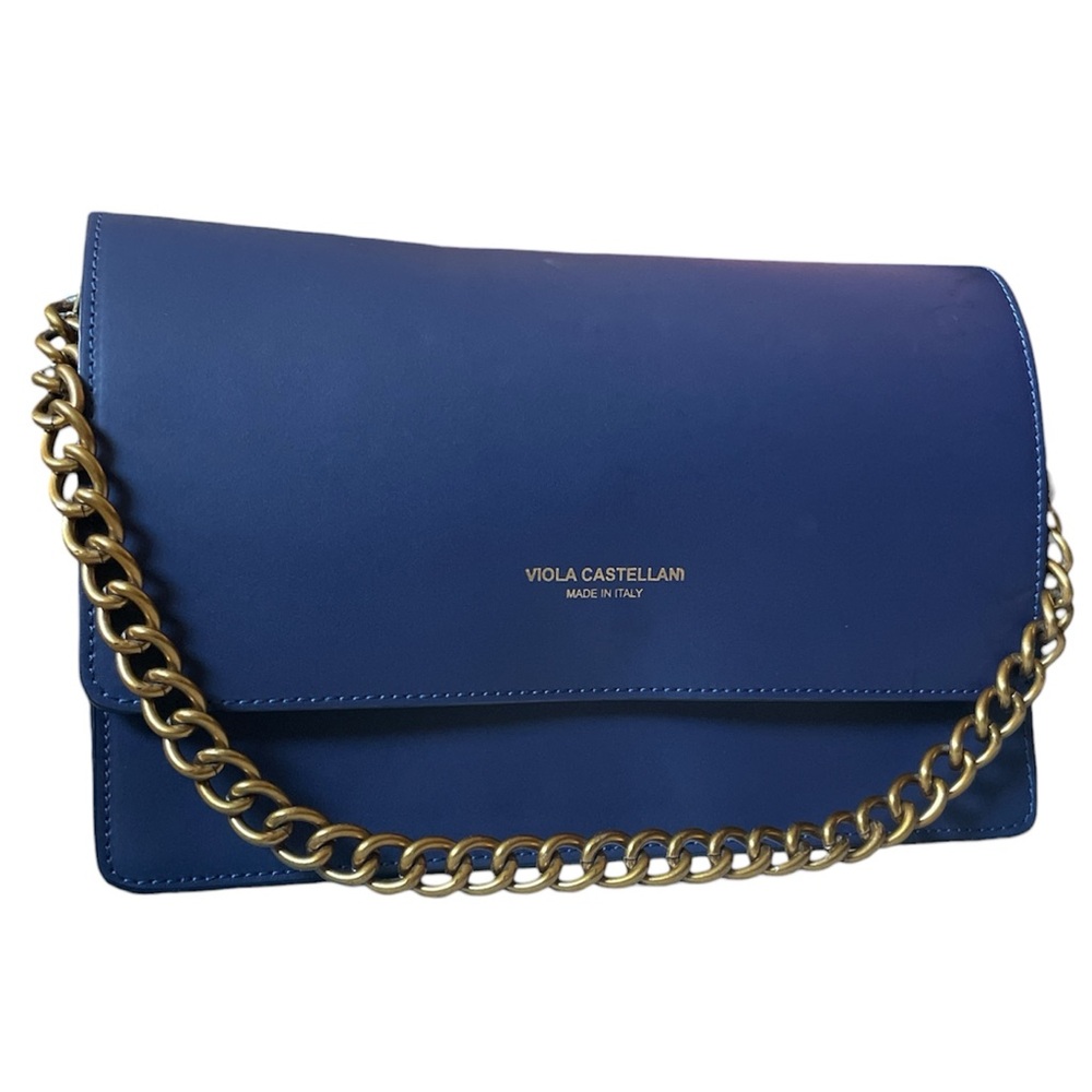 Viola Castellani Italy Navy Blue Leather Flap Over Gold Chain Clutch Purse - Picture 2 of 7